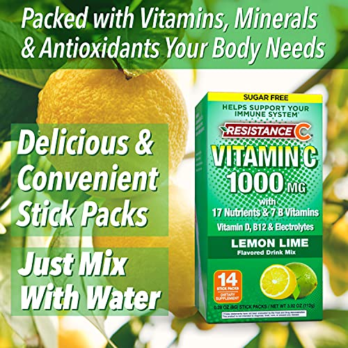 Resistance C Stick Packs 16 Nutrients & 7 B-Vitamins, Help Support Immune System, Powerful Antioxidants, Contains Electrolytes, Green, Lemon-Lime Flavor, 14 Count