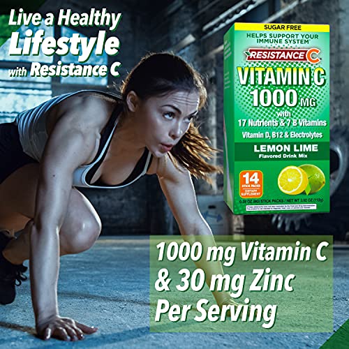Resistance C Stick Packs 16 Nutrients & 7 B-Vitamins, Help Support Immune System, Powerful Antioxidants, Contains Electrolytes, Green, Lemon-Lime Flavor, 14 Count