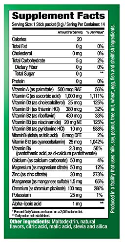 Resistance C Stick Packs 16 Nutrients & 7 B-Vitamins, Help Support Immune System, Powerful Antioxidants, Contains Electrolytes, Green, Lemon-Lime Flavor, 14 Count
