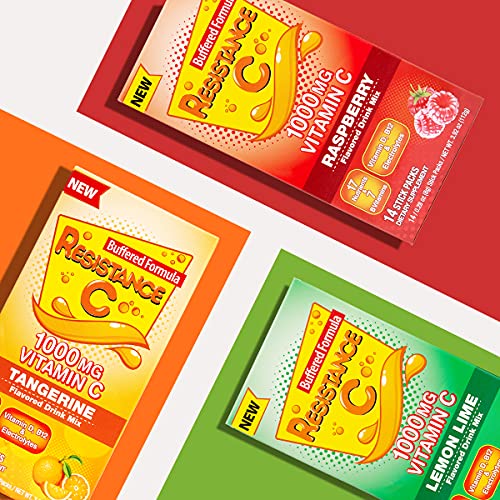 Resistance C Stick Packs 16 Nutrients & 7 B-Vitamins, Help Support Immune System, Powerful Antioxidants, Contains Electrolytes, Green, Lemon-Lime Flavor, 14 Count