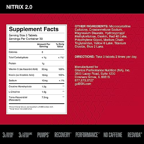 BSN NITRIX 2.0 - Nitric Oxide Precursors, 3g Creatine, 3g L Citrulline - Supports Workout Performance, Pumps, Muscle Recovery and Endurance - 90 Tablets