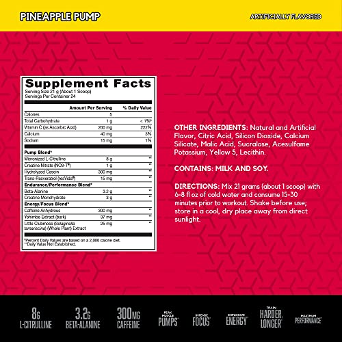 BSN N.O.-XPLODE Vaso Pre Workout Powder with 8g of L-Citrulline and 3.2g Beta-Alanine and Energy, Flavor: Pineapple Pump, 24 Servings