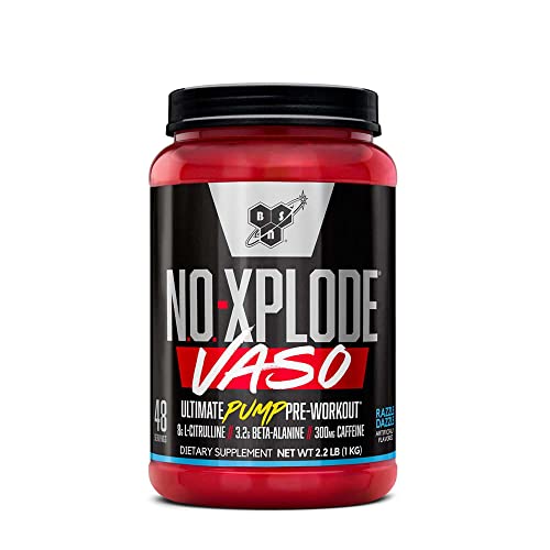 BSN N.O.-XPLODE Vaso Pre Workout Powder with 8g of L-Citrulline and 3.2g Beta-Alanine and Energy, Flavor: Razzle Dazzle, 48 Servings