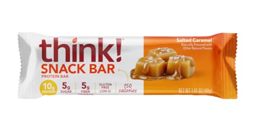 think! Protein Bars with Chicory Root for Fiber, Digestive Support, Gluten Free with Whey Protein Isolate, Salted Caramel, Snack Bars without Artificial Sweeteners, 1.4 Oz (30 Count)