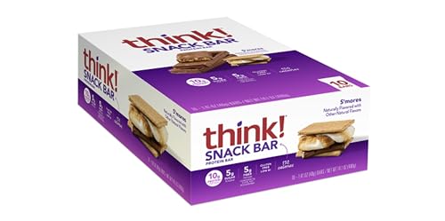 think! Protein Bars with Chicory Root for Fiber, Digestive Support, Gluten Free with Whey Protein Isolate, S'mores, Snack Bars without Artificial Sweeteners, 1.4 Oz (10 Count)