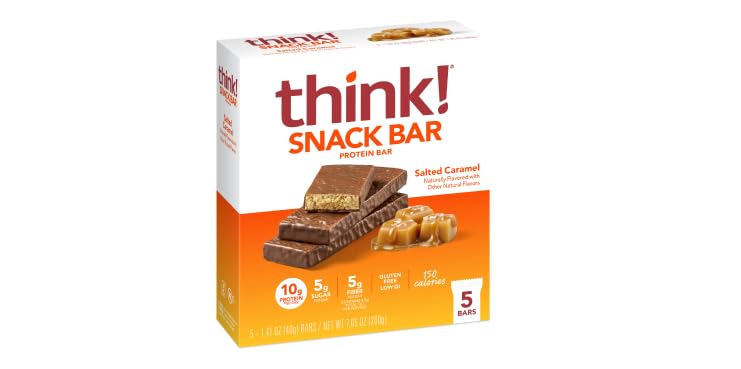 think! Protein Bars with Chicory Root for Fiber, Digestive Support, Gluten Free with Whey Protein Isolate, Salted Caramel, Snack Bars without Artificial Sweeteners, 1.4 Oz (30 Count)