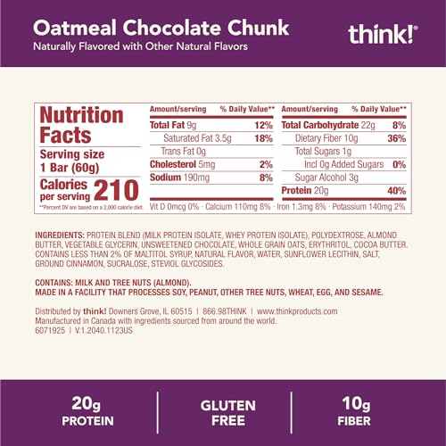 think! Protein Bars, High Protein Snacks, Gluten Free, Kosher Friendly, Oatmeal Chocolate Chunk, 10 Count