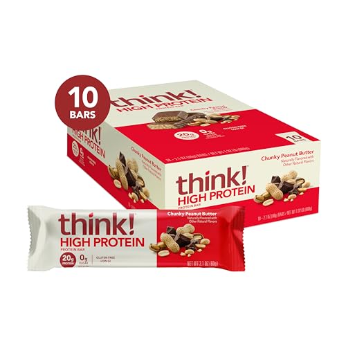 think! Protein Bars, High Protein Snacks, Gluten Free, Kosher Friendly, Chunky Peanut Butter, Nutrition Bars, 2.1 Oz per Bar, 10 Count (Packaging May Vary)