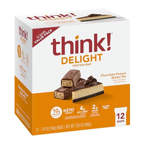 think! Delight Protein Bars, Gluten Free Snack - Chocolate Peanut Butter Pie, 12 Count (Packaging May Vary)