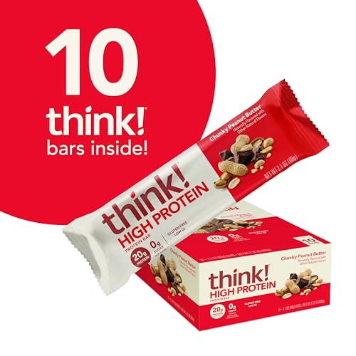 think! Protein Bars, High Protein Snacks, Gluten Free, Kosher Friendly, Chunky Peanut Butter, Nutrition Bars, 2.1 Oz per Bar, 10 Count (Packaging May Vary)