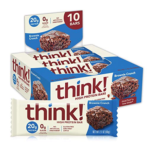 think! Protein Bars, High Protein Snacks, Gluten Free, Sugar Free Energy Bar with Whey Protein Isolate, Brownie Crunch, Nutrition Bars without Artificial Sweeteners, 2.1 Oz (10 Count)