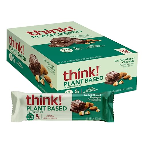 think! Vegan/Plant Based High Protein Bars - Sea Salt Almond Chocolate, 13g Protein, 5g Sugar, No Artificial Sweeteners, Non GMO Project Verified, 10 Count (Packaging May Vary)