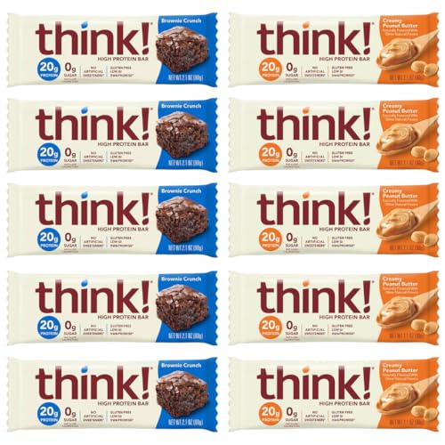 Think High Protein Bars - Creamy Peanut Butter & Chocolate Brownie, 20g Protein, 0g Sugar, No Artificial Sweeteners, Gluten Free, GMO-Free, 2.1 Ounce bars, (10 Pack) (10 Count, Variety)