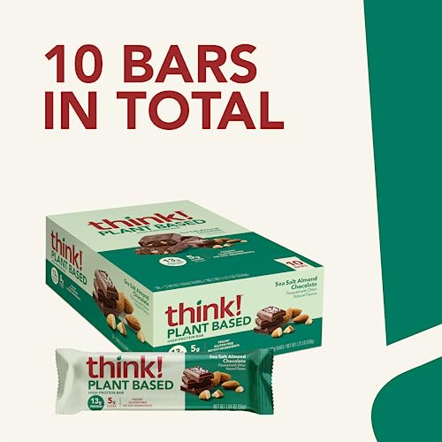 think! Vegan/Plant Based High Protein Bars - Sea Salt Almond Chocolate, 13g Protein, 5g Sugar, No Artificial Sweeteners, Non GMO Project Verified, 10 Count (Packaging May Vary)