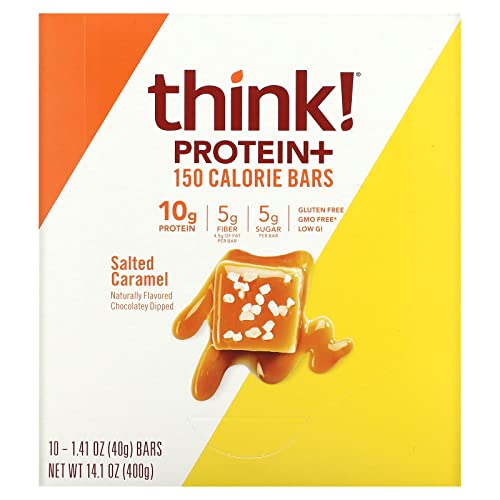 think! (thinkThin) Protein+ 150 Calorie Bars - Salted Caramel, 10g Protein, 5g Sugar, No Artificial Sweeteners**, Gluten Free, GMO Free*, 1.4 oz bar (10 Count - Packaging May Vary)