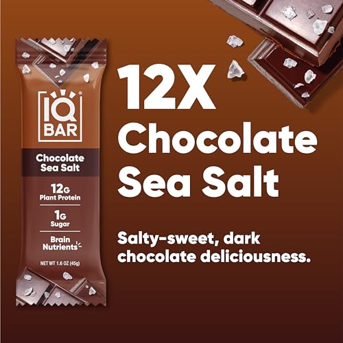 IQBAR Brain and Body Plant Protein Bars - Chocolate Sea Salt - 12 Count, Low Carb, High Fiber, Gluten Free, Vegan Snacks - Low Sugar Keto Energy Bar