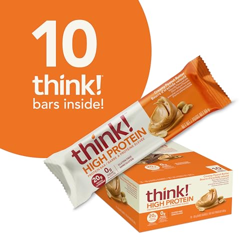 think! Protein Bars, High Protein Snacks, Gluten Free, Sugar Free Energy Bar with Whey Protein Isolate, Creamy Peanut Butter, Nutrition Bars without Artificial Sweeteners, 2.1 Oz (10 Count)