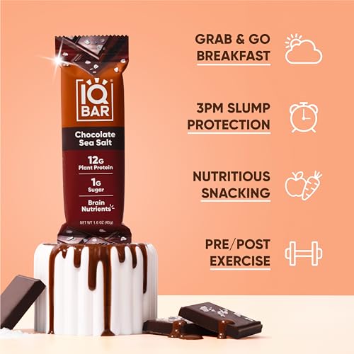 IQBAR Brain and Body Plant Protein Bars - Chocolate Sea Salt - 12 Count, Low Carb, High Fiber, Gluten Free, Vegan Snacks - Low Sugar Keto Energy Bar