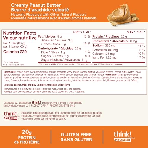 think! Protein Bars, High Protein Snacks, Gluten Free, Sugar Free Energy Bar with Whey Protein Isolate, Creamy Peanut Butter, Nutrition Bars without Artificial Sweeteners, 2.1 Oz (10 Count)