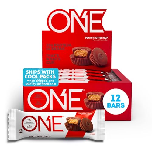 ONE Protein Bars, Peanut Butter Cup, Gluten Free Protein Bars with 20g Protein and 1g Sugar, Pantry Staples, 2.12 oz (12 Count)