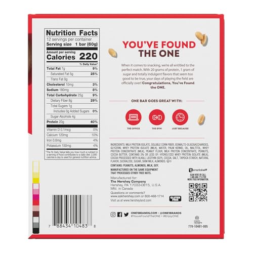 ONE Protein Bars, Peanut Butter Cup, Gluten Free Protein Bars with 20g Protein and 1g Sugar, Pantry Staples, 2.12 oz (12 Count)