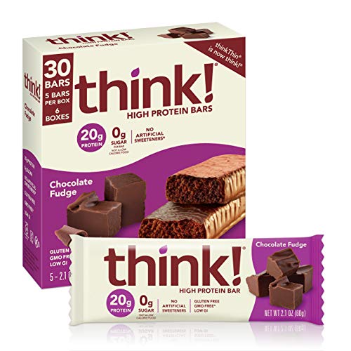 think! Protein Bars, High Protein Snacks, Gluten Free, Sugar Free Energy Bar with Whey Protein Isolate, Chocolate Fudge, Nutrition Bars without Artificial Sweeteners, 2.1 Oz (30 Count)