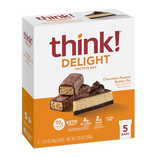think! Delight Protein Bars, Low Sugar, Gluten Free Snack with No Artifical Sweeteners, 4G Net Carbs & 10G of Whey Protein - Chocolate Peanut Butter Pie (5 Count)
