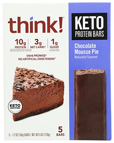 Think! Protein Bars, High Protein Snacks, Gluten Free, Sugar Free Energy Bar with Whey Protein Isolate, Chocolate Mousse Pie, Nutrition Bars without Artificial Sweeteners, 5Pc, 6 Oz (Pack of 6)
