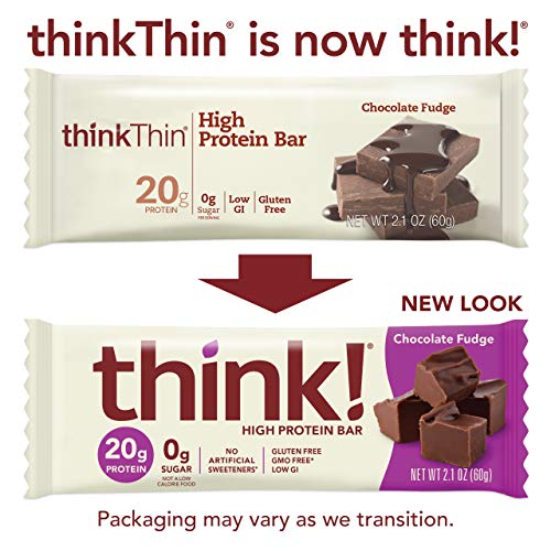 think! Protein Bars, High Protein Snacks, Gluten Free, Sugar Free Energy Bar with Whey Protein Isolate, Chocolate Fudge, Nutrition Bars without Artificial Sweeteners, 2.1 Oz (30 Count)