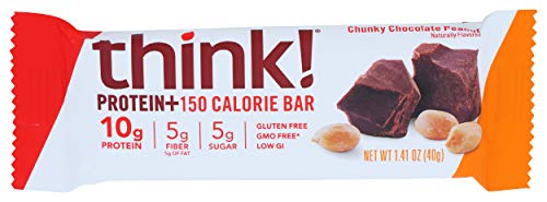 think!, Protein+ 150 Calorie Bars - Chunky Chocolate Peanut, 10g Protein, 5g Sugar, No Artificial Sweeteners, Gluten Free, GMO Free, 1.4 Ounce bar