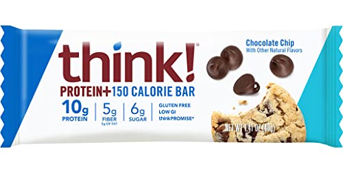 think! Protein Bars with Chicory Root for Fiber, Digestive Support, Gluten Free with Whey Protein Isolate, Chocolate Chip, Snack Bars Without Artificial Sweeteners, 1.4 Oz (5 Count)
