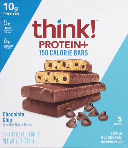 think! Protein Bars with Chicory Root for Fiber, Digestive Support, Gluten Free with Whey Protein Isolate, Chocolate Chip, Snack Bars Without Artificial Sweeteners, 1.4 Oz (5 Count)