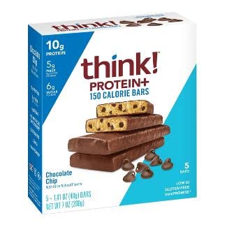 think! Protein Bars with Chicory Root for Fiber, Digestive Support, Gluten Free with Whey Protein Isolate, Chocolate Chip, Snack Bars Without Artificial Sweeteners, 1.4 Oz (5 Count)