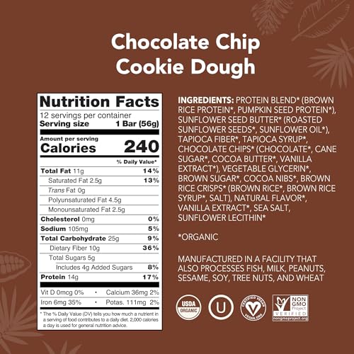 ALOHA Organic Plant Based Protein Bars - Chocolate Chip Cookie Dough - 12 Count, 1.9oz Bars - Vegan Snacks, Low Sugar, Gluten-Free, Low Carb, Paleo, Non-GMO, Stevia-Free, No Sugar Alcohols