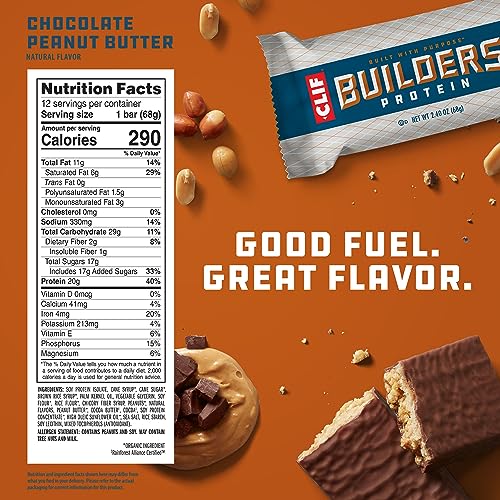 CLIF Builders - Chocolate Peanut Butter Flavor - Protein Bars - Gluten-Free - Non-GMO - Low Glycemic - 20g Protein - 2.4 oz.
