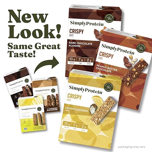 Simply Protein - Crispy Bars Variety Pack, 3 Flavors - Plant Based Protein Bars, Protein Snacks - 13g Protein, 2g Sugar, 7g Fiber - Vegan, Gluten Free, Non GMO, Kosher - 12 Bars, 3 Boxes