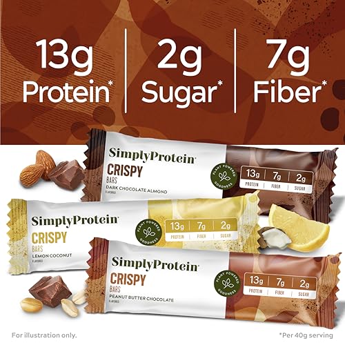 Simply Protein - Crispy Bars Variety Pack, 3 Flavors - Plant Based Protein Bars, Protein Snacks - 13g Protein, 2g Sugar, 7g Fiber - Vegan, Gluten Free, Non GMO, Kosher - 12 Bars, 3 Boxes