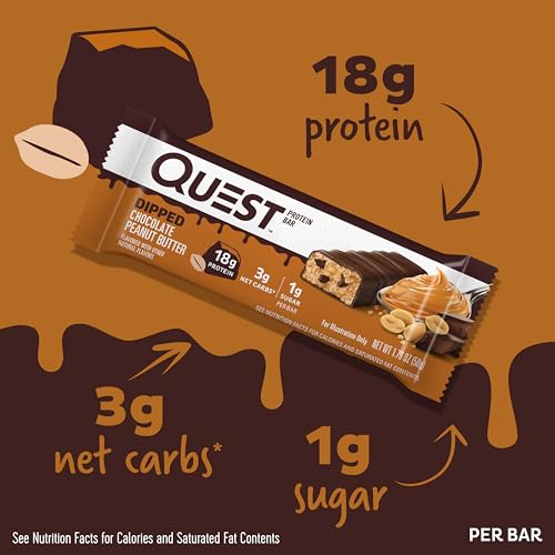Quest Nutrition Dipped Chocolate Peanut Butter Protein Bars, 18g Protein, 1g Sugar, 3g Net Carbs, Gluten Free, 4 Count