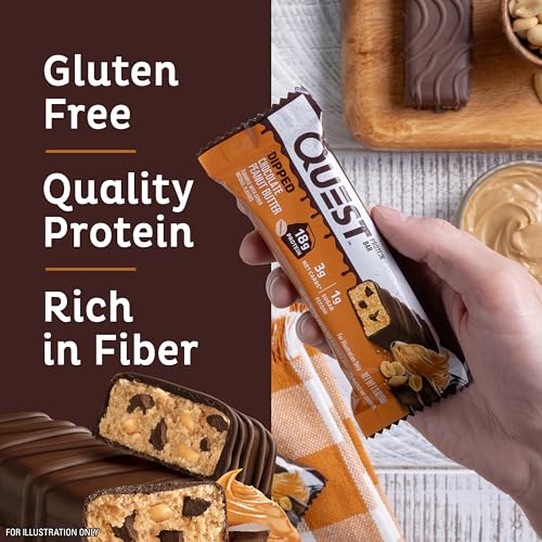 Quest Nutrition Dipped Chocolate Peanut Butter Protein Bars, 18g Protein, 1g Sugar, 3g Net Carbs, Gluten Free, 4 Count