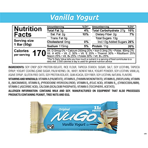 NuGo Protein Bar, Vanilla Yogurt, 11g Protein, 170 Calories, Gluten Free, 1.76 Ounce each, 15 Count (Pack of 1)