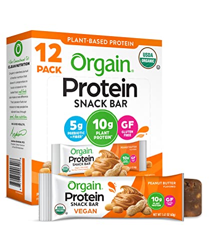 Orgain Organic Vegan Protein Bars, Peanut Butter - 10g Plant Based Protein, Low Calorie Healthy Snacks, No Lactose or Soy Ingredients, Gluten Free, Non-GMO - 1.41 Oz (Pack of 12)