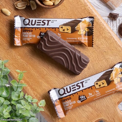 Quest Nutrition Dipped Chocolate Peanut Butter Protein Bars, 18g Protein, 1g Sugar, 3g Net Carbs, Gluten Free, 4 Count