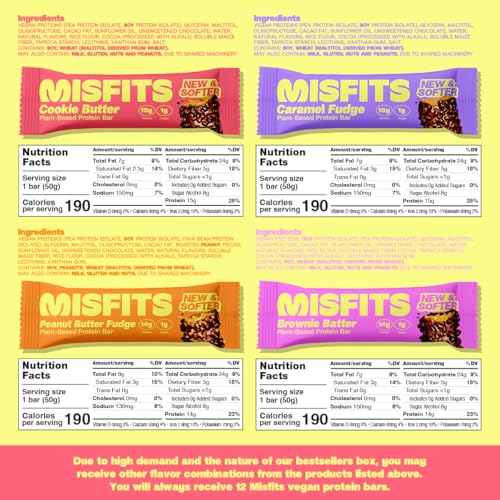 Misfits Vegan Protein Bar, Variety Pack, Plant Based Chocolate Protein Bars, High Protein Snacks for Adults with 15g Plant Protein Per Bar, Low Carb, 1g Sugar, High Fiber, Healthy Snack Food, Mixed Flavors 12 Pack