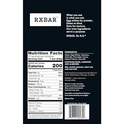 RXBAR Protein Bars, Protein Snack, Snack Bars, Chocolate Sea Salt, 22oz Box (12 Bars)