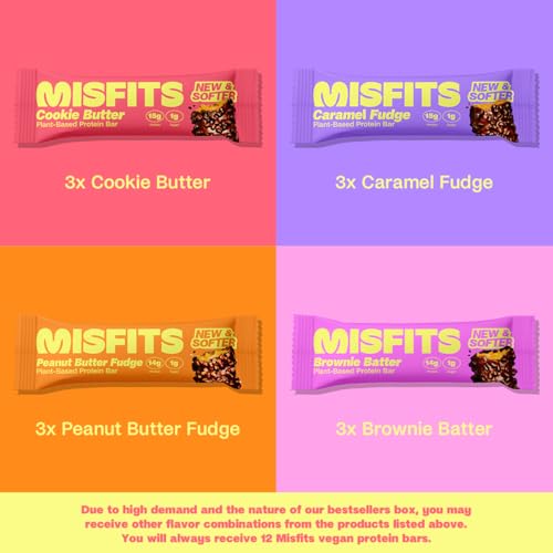Misfits Vegan Protein Bar, Variety Pack, Plant Based Chocolate Protein Bars, High Protein Snacks for Adults with 15g Plant Protein Per Bar, Low Carb, 1g Sugar, High Fiber, Healthy Snack Food, Mixed Flavors 12 Pack