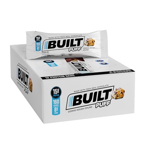 BUILT Protein Bars, Cookie Dough Chunk Puff, 12 count, Protein Snacks with 15g of High Protein, Collagen, Chocolate Protein Bar with only 160 calories & 8g sugar, Perfect On The Go Protein Snack