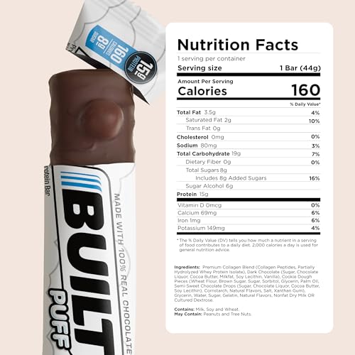 BUILT Protein Bars, Cookie Dough Chunk Puff, 12 count, Protein Snacks with 15g of High Protein, Collagen, Chocolate Protein Bar with only 160 calories & 8g sugar, Perfect On The Go Protein Snack