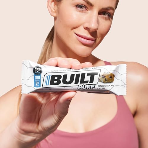 BUILT Protein Bars, Cookie Dough Chunk Puff, 12 count, Protein Snacks with 15g of High Protein, Collagen, Chocolate Protein Bar with only 160 calories & 8g sugar, Perfect On The Go Protein Snack