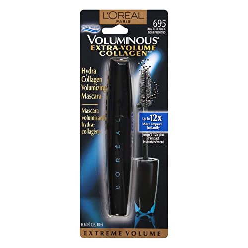 L'Oréal Paris Voluminous Extra Volume Collagen Waterproof Mascara, 695 Blackest Black (Pack of 2)