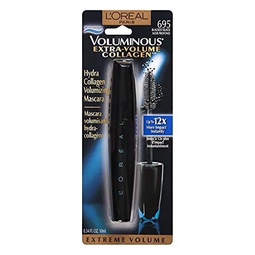L'Oreal Paris Voluminous Extra-Volume Collagen Waterproof Mascara, Blackest Black [695] 0.34 oz
